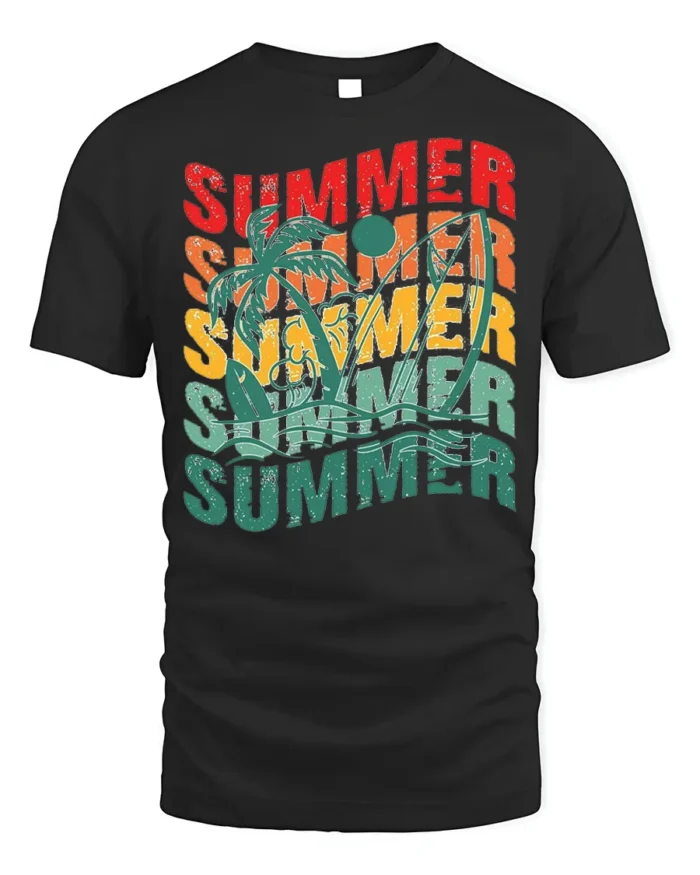 Retro Summer Vibes Palm Tree Surf Graphic T-Shirt - black t-shirt on white background