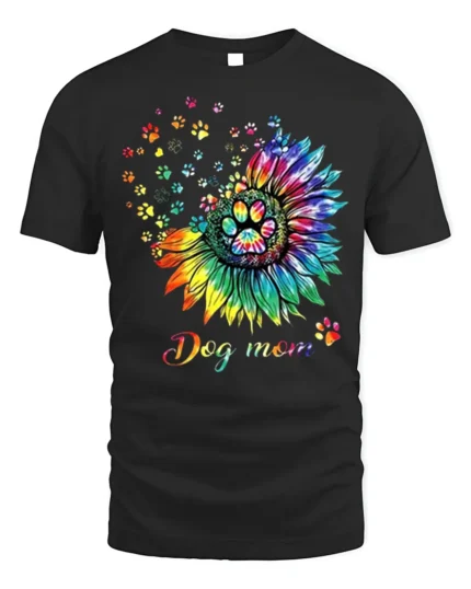 Colorful Dog Mom Paw Print Sunflower Graphic T-Shirt - black t-shirt on white background