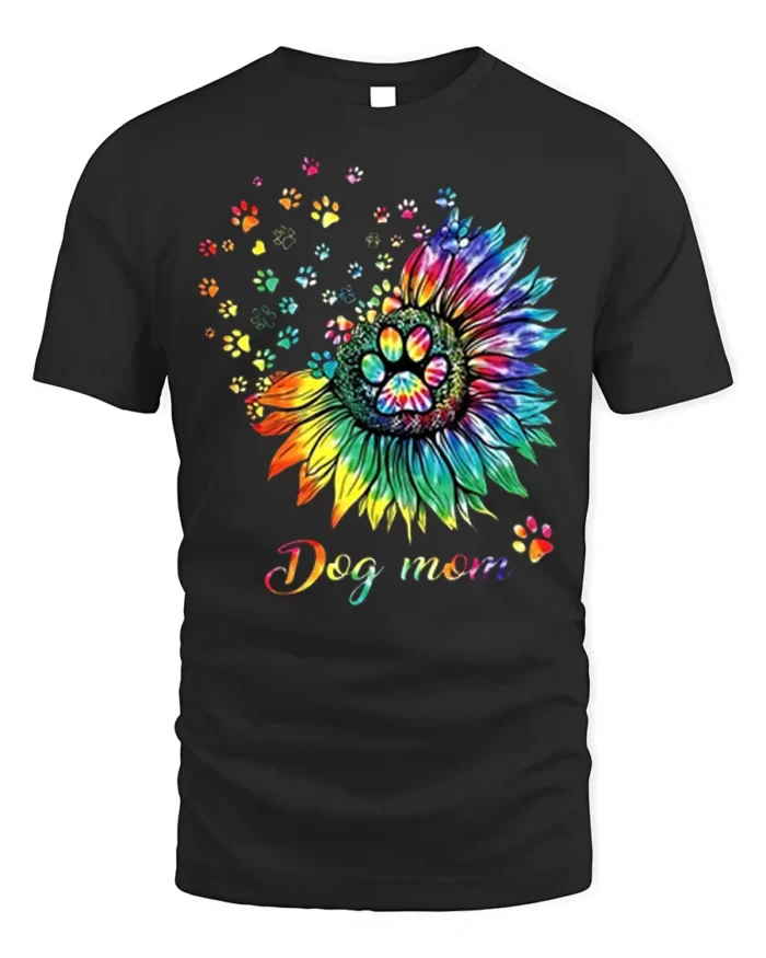 Colorful Dog Mom Paw Print Sunflower Graphic T-Shirt - black t-shirt on white background