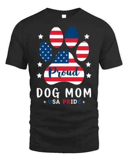 Proud Dog Mom USA Flag Paw Print Graphic T-Shirt - black t-shirt on white background
