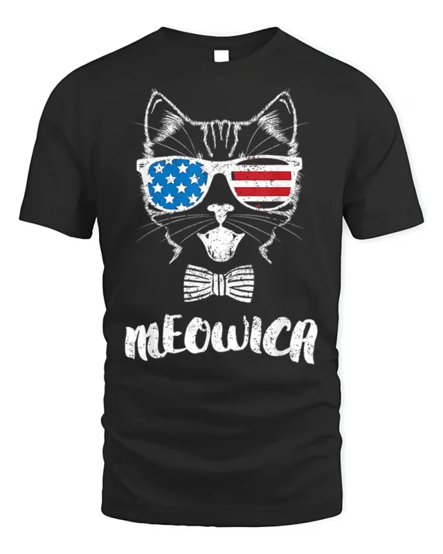 Patriotic Cat Meowica USA Flag Sunglasses T-Shirt - black t-shirt on white background