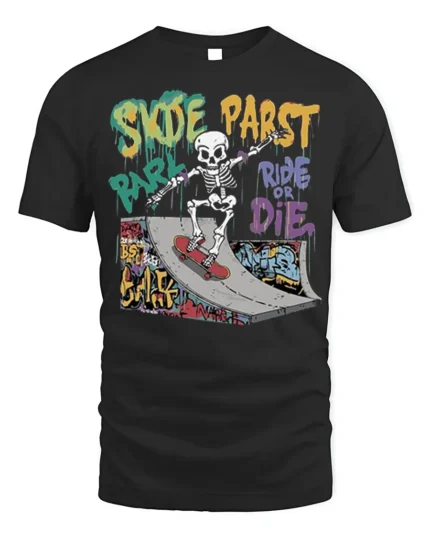 Skate Park Skeleton Rider Ride or Die Graphic T-Shirt - black t-shirt on white background