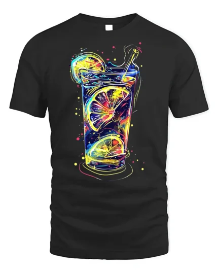 Neon Citrus Drink Splash Summer Vibes Graphic T-Shirt - black t-shirt on white background