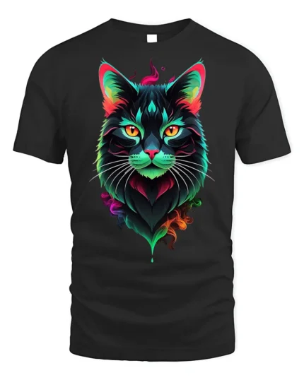 Neon Colorful Cat Face Artistic Graphic T-Shirt - black t-shirt on white background