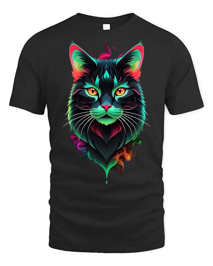 Neon Colorful Cat Face Artistic Graphic T-Shirt - black t-shirt on white background