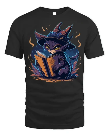 Mystic Witch Cat Reading Spellbook Graphic T-Shirt - black t-shirt on white background