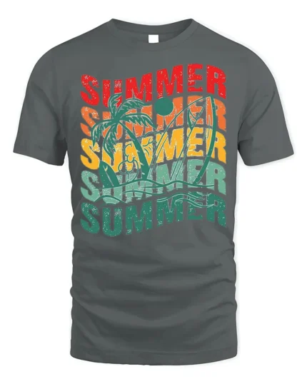 Retro Summer Vibes Palm Tree Surf Graphic T-Shirt - gray t-shirt on white background