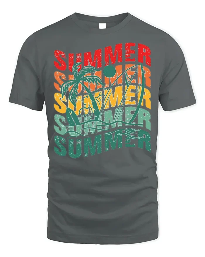 Retro Summer Vibes Palm Tree Surf Graphic T-Shirt - gray t-shirt on white background