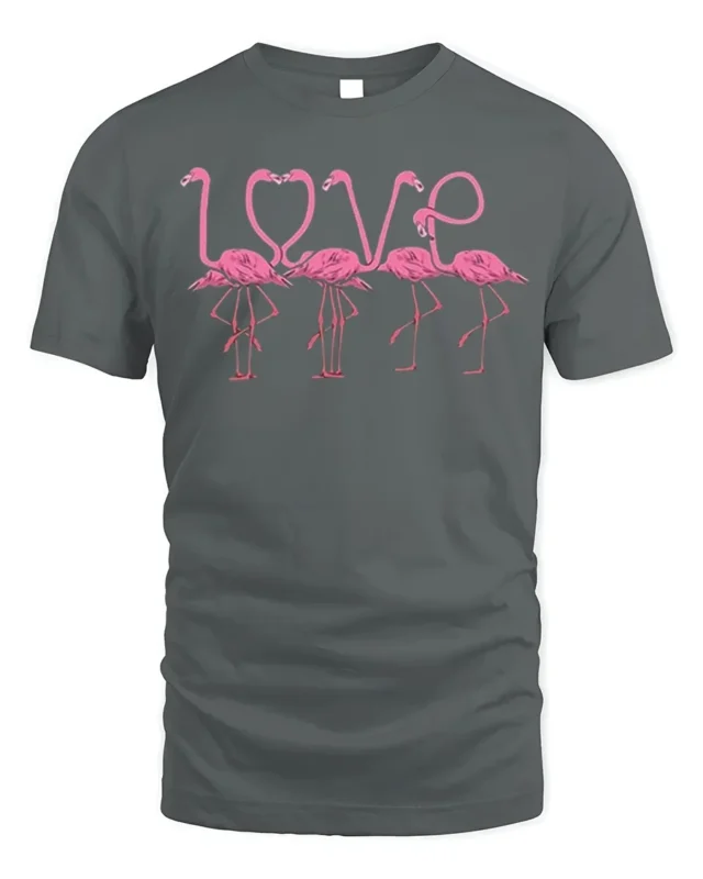 Pink Flamingo Love Design Romantic Graphic T-Shirt - gray t-shirt on white background