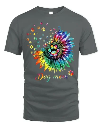 Colorful Dog Mom Paw Print Sunflower Graphic T-Shirt - gray t-shirt on white background