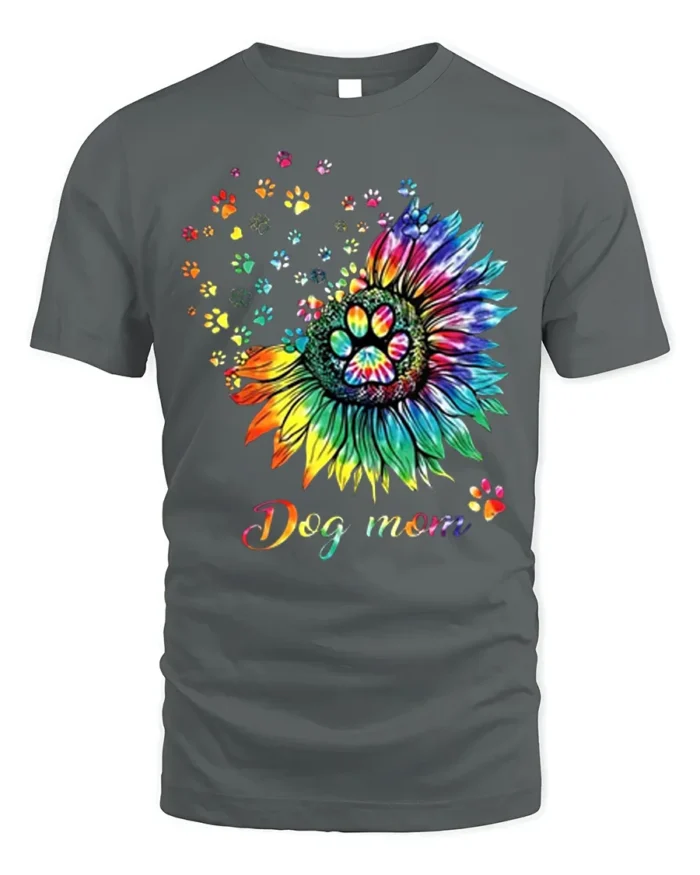 Colorful Dog Mom Paw Print Sunflower Graphic T-Shirt - gray t-shirt on white background