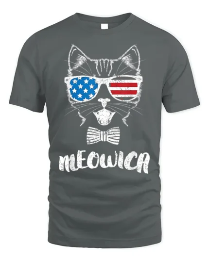 Patriotic Cat Meowica USA Flag Sunglasses T-Shirt - gray t-shirt on white background