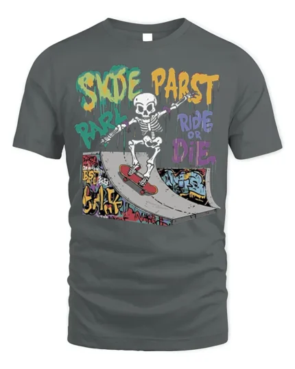 Skate Park Skeleton Rider Ride or Die Graphic T-Shirt - gray t-shirt on white background