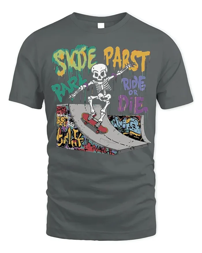 Skate Park Skeleton Rider Ride or Die Graphic T-Shirt - gray t-shirt on white background