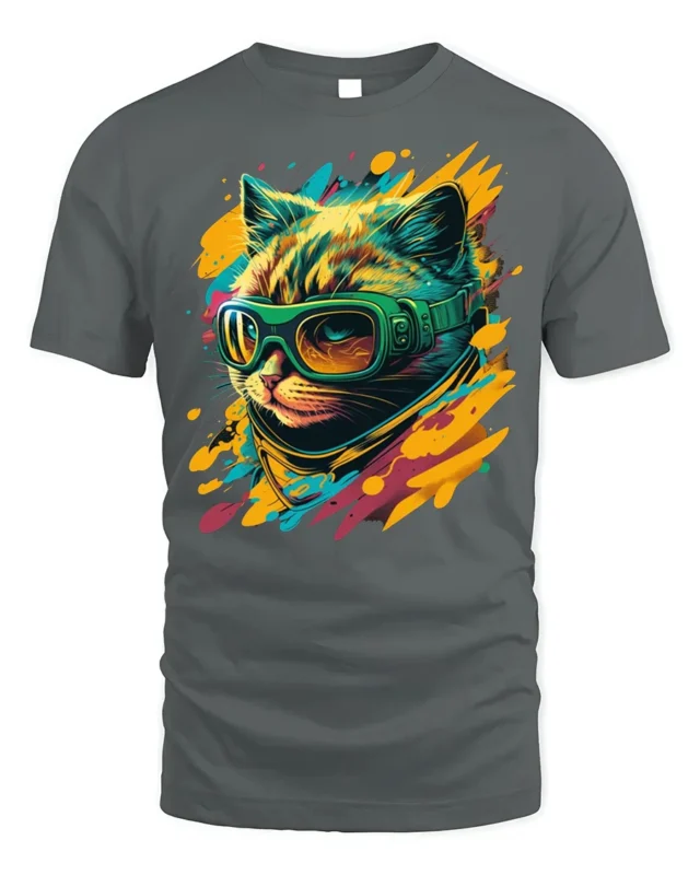 Cool Cat With Goggles Neon Splash Graphic T-Shirt - gray t-shirt on white background