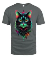 Neon Colorful Cat Face Artistic Graphic T-Shirt - gray t-shirt on white background