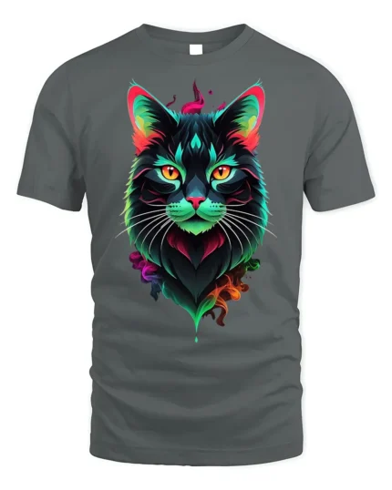 Neon Colorful Cat Face Artistic Graphic T-Shirt - gray t-shirt on white background
