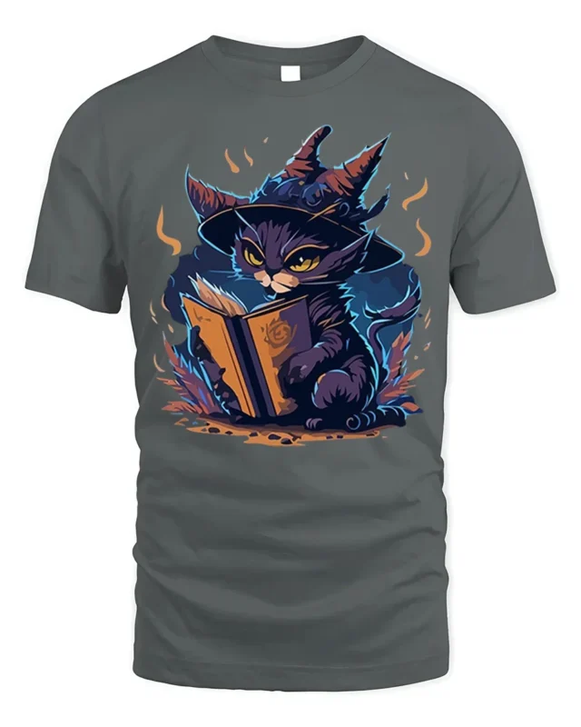 Mystic Witch Cat Reading Spellbook Graphic T-Shirt - gray t-shirt on white background