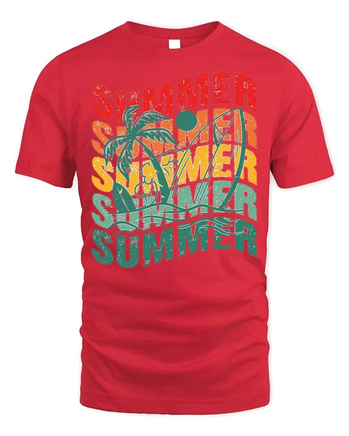 Retro Summer Vibes Palm Tree Surf Graphic T-Shirt - red t-shirt on white background