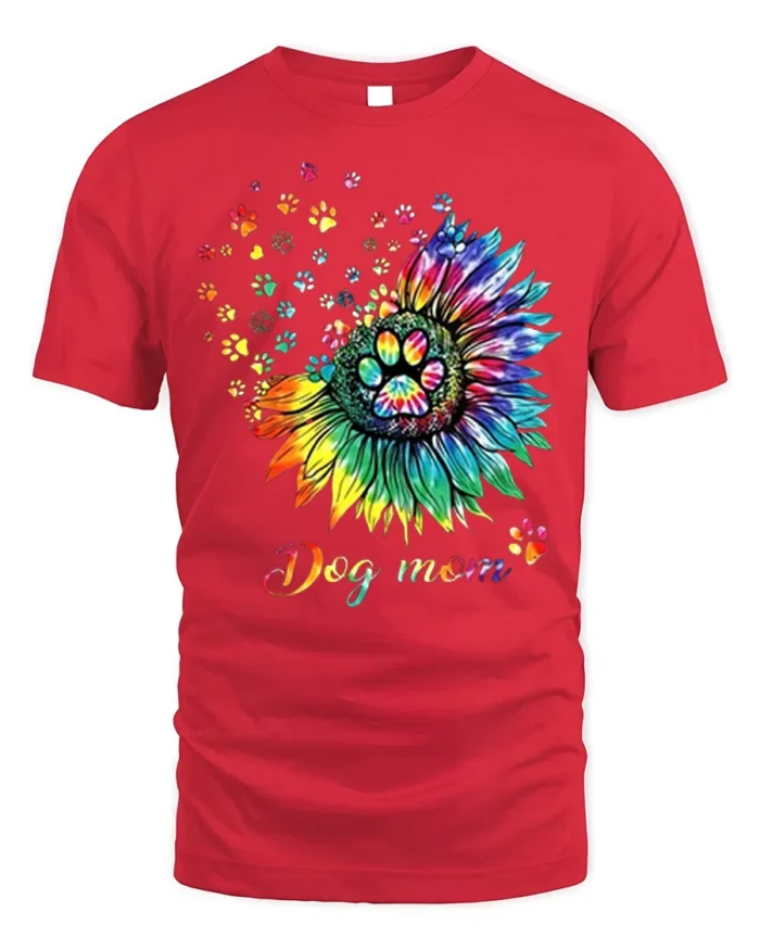 Colorful Dog Mom Paw Print Sunflower Graphic T-Shirt - red t-shirt on white background