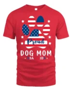 Proud Dog Mom USA Flag Paw Print Graphic T-Shirt - red t-shirt on white background