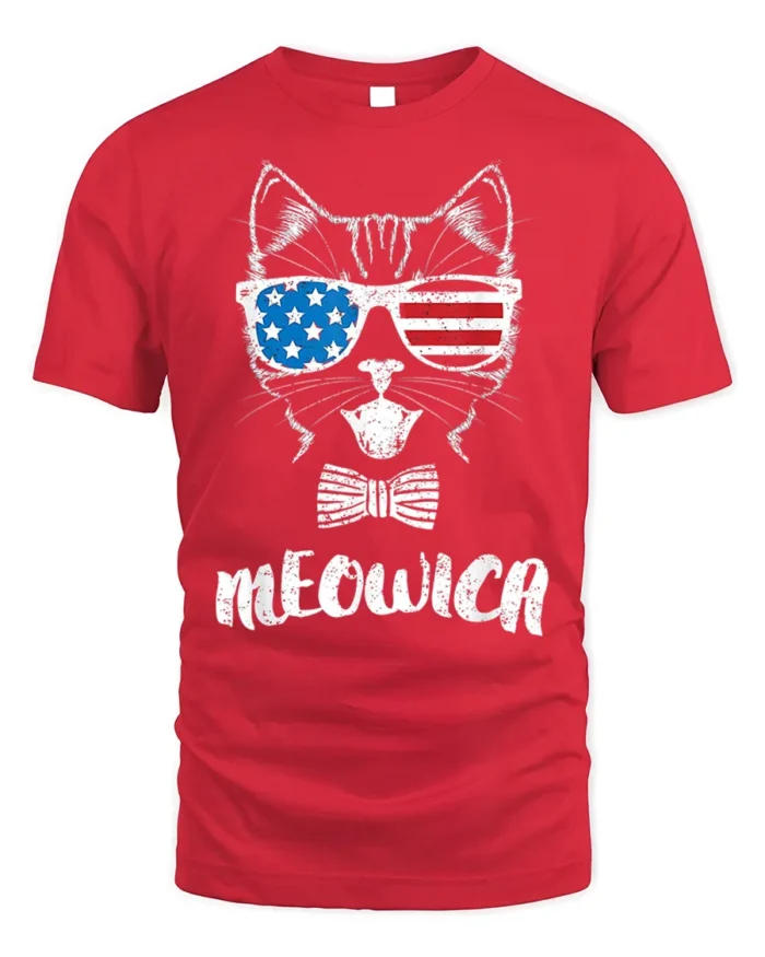Patriotic Cat Meowica USA Flag Sunglasses T-Shirt - red t-shirt on white background