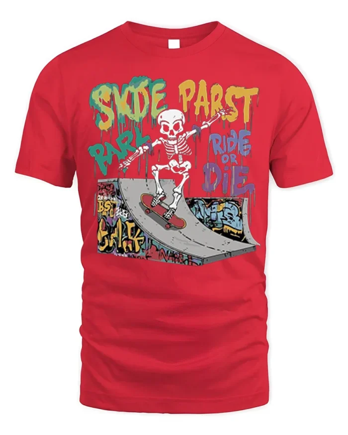 Skate Park Skeleton Rider Ride or Die Graphic T-Shirt - red t-shirt on white background