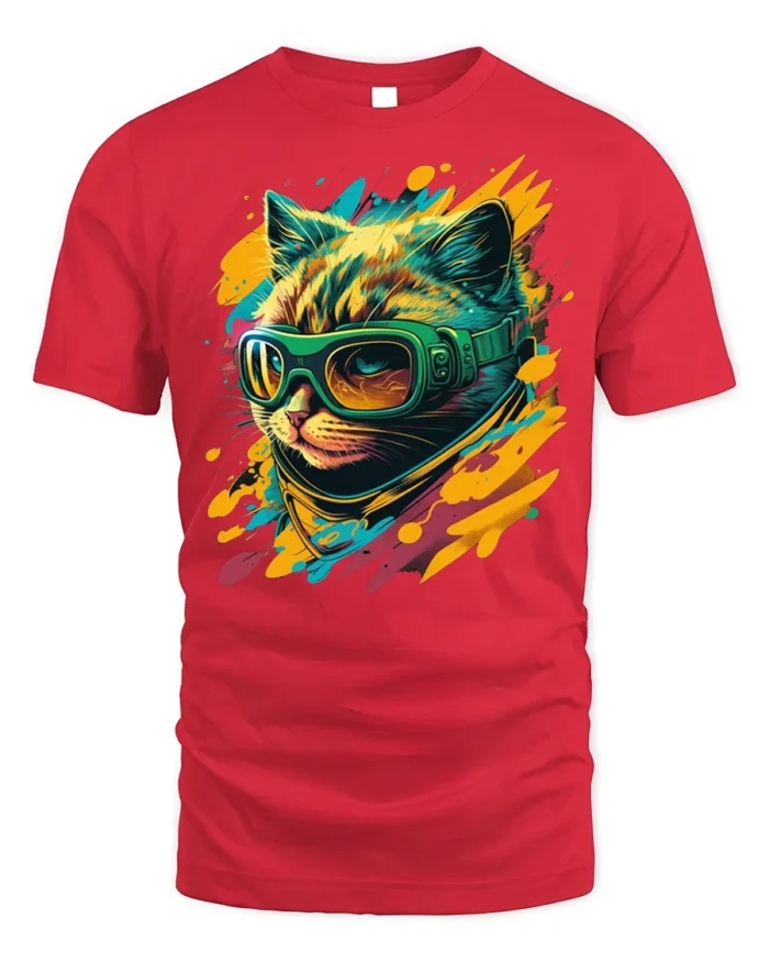 Cool Cat With Goggles Neon Splash Graphic T-Shirt - red t-shirt on white background