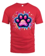 Neon Dog Mom Paw Print Colorful Graphic T-Shirt - red t-shirt on white background
