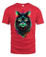 Neon Colorful Cat Face Artistic Graphic T-Shirt - red t-shirt on white background