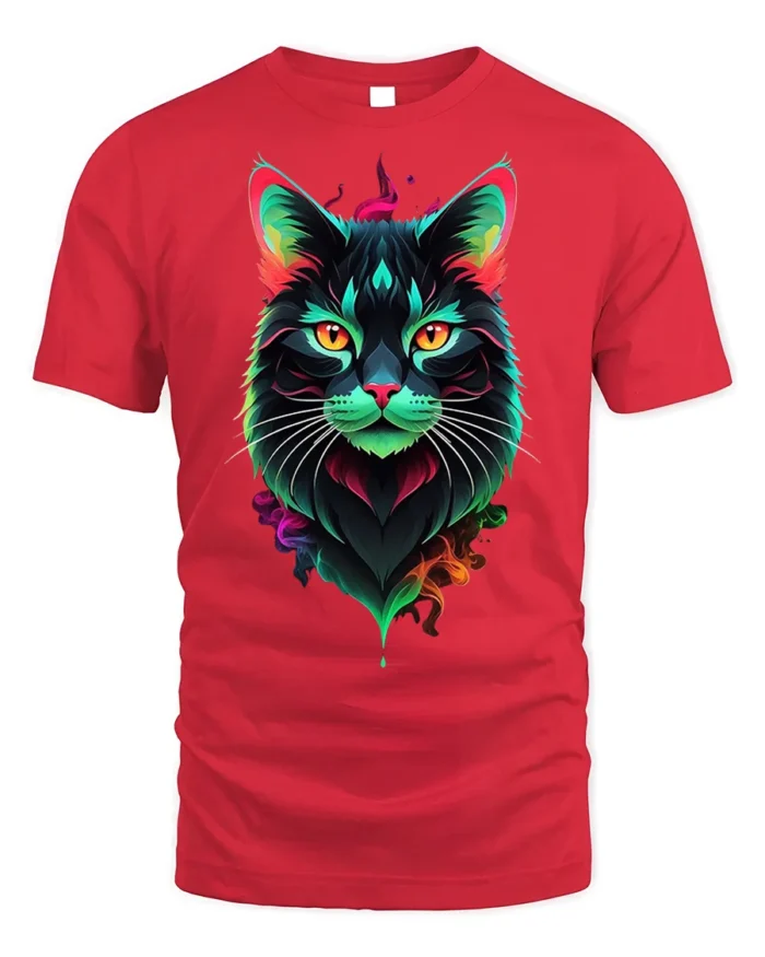 Neon Colorful Cat Face Artistic Graphic T-Shirt - red t-shirt on white background