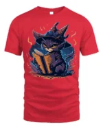Mystic Witch Cat Reading Spellbook Graphic T-Shirt - red t-shirt on white background