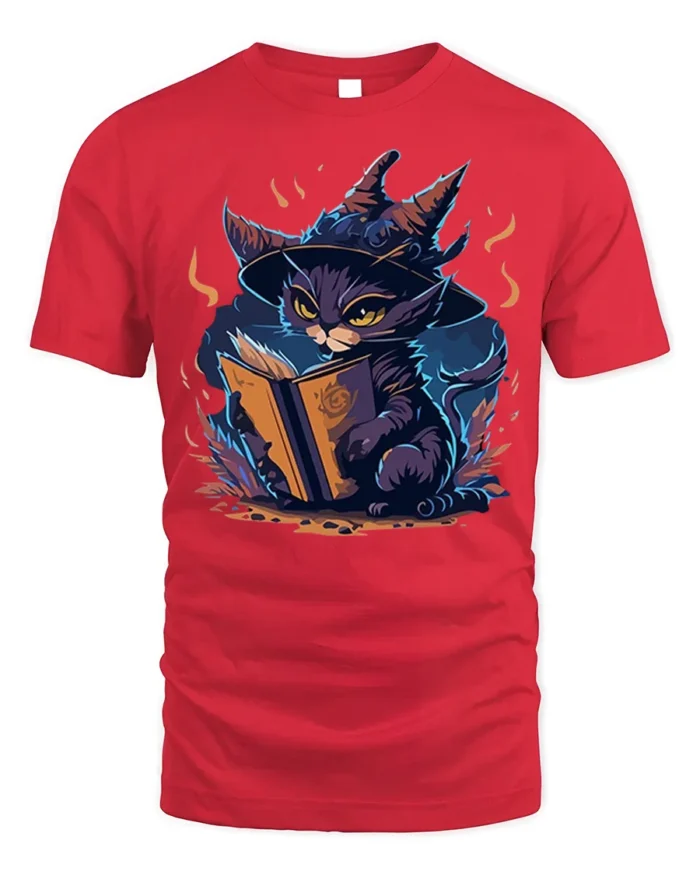 Mystic Witch Cat Reading Spellbook Graphic T-Shirt - red t-shirt on white background
