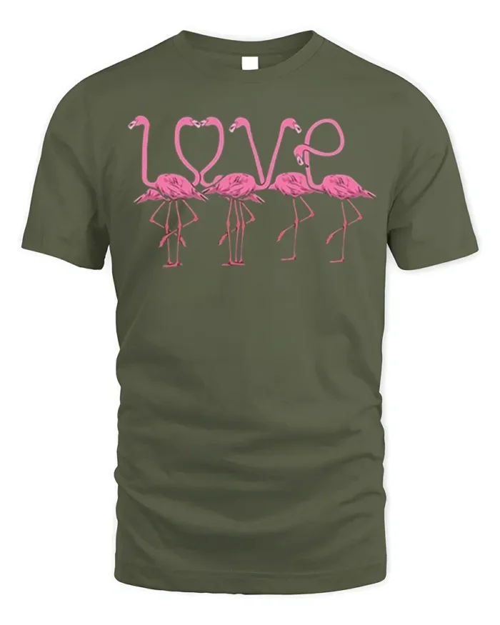 Pink Flamingo Love Design Romantic Graphic T-Shirt - military green t-shirt on white background