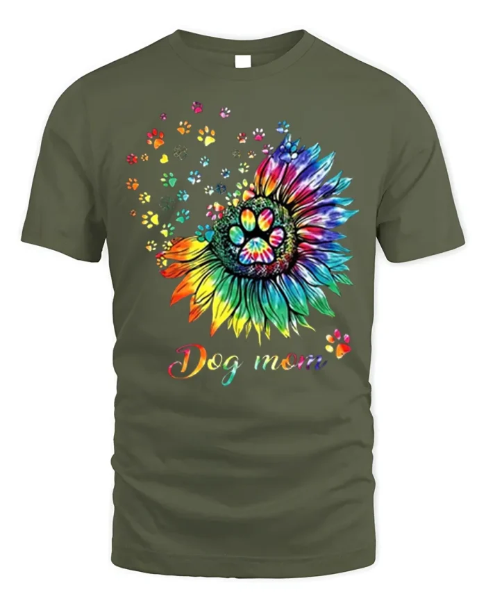 Colorful Dog Mom Paw Print Sunflower Graphic T-Shirt - military green t-shirt on white background