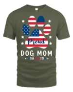 Proud Dog Mom USA Flag Paw Print Graphic T-Shirt - military green t-shirt on white background