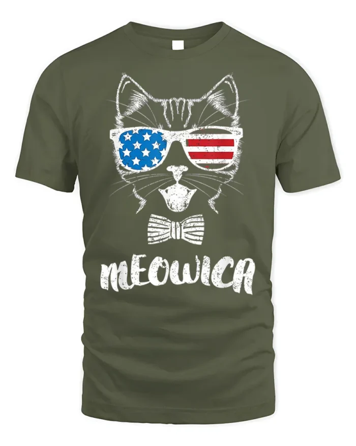 Patriotic Cat Meowica USA Flag Sunglasses T-Shirt - military green t-shirt on white background