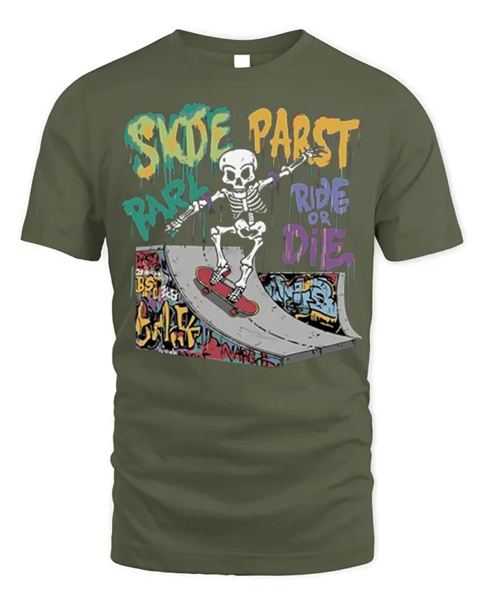 Skate Park Skeleton Rider Ride or Die Graphic T-Shirt - military green t-shirt on white background