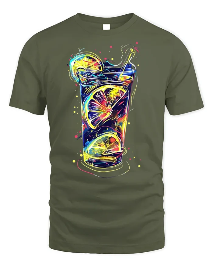 Neon Citrus Drink Splash Summer Vibes Graphic T-Shirt - military green t-shirt on white background