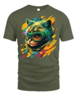 Cool Cat With Goggles Neon Splash Graphic T-Shirt - military green t-shirt on white background