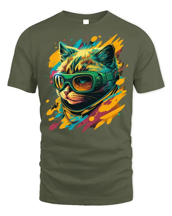 Cool Cat With Goggles Neon Splash Graphic T-Shirt - military green t-shirt on white background