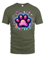 Neon Dog Mom Paw Print Colorful Graphic T-Shirt - military green t-shirt on white background