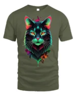 Neon Colorful Cat Face Artistic Graphic T-Shirt - military green t-shirt on white background