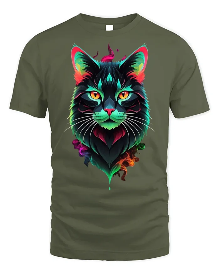 Neon Colorful Cat Face Artistic Graphic T-Shirt - military green t-shirt on white background