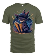 Mystic Witch Cat Reading Spellbook Graphic T-Shirt - military green t-shirt on white background