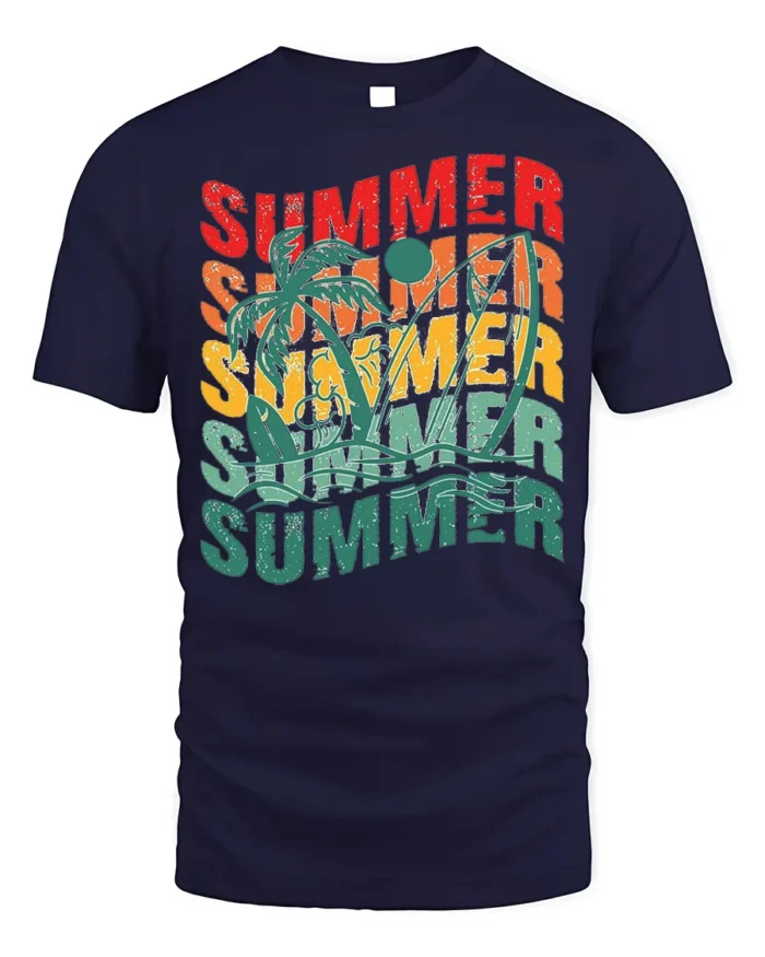 Retro Summer Vibes Palm Tree Surf Graphic T-Shirt - navy t-shirt on white background