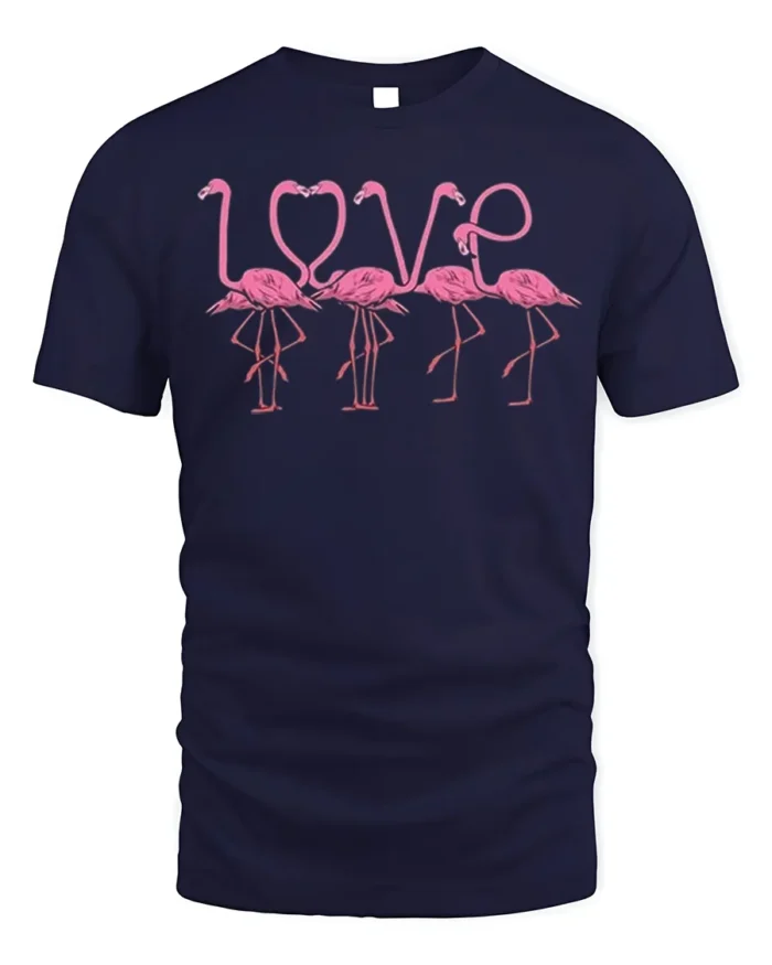 Pink Flamingo Love Design Romantic Graphic T-Shirt - navy t-shirt on white background
