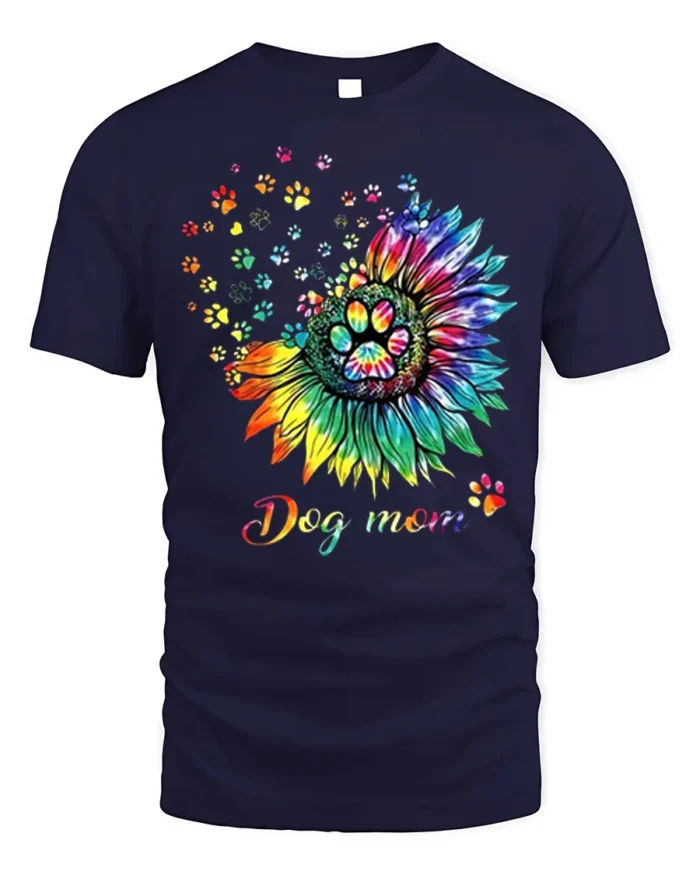 Colorful Dog Mom Paw Print Sunflower Graphic T-Shirt - navy t-shirt on white background