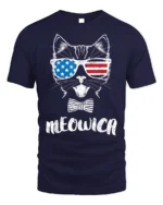 Patriotic Cat Meowica USA Flag Sunglasses T-Shirt - navy t-shirt on white background