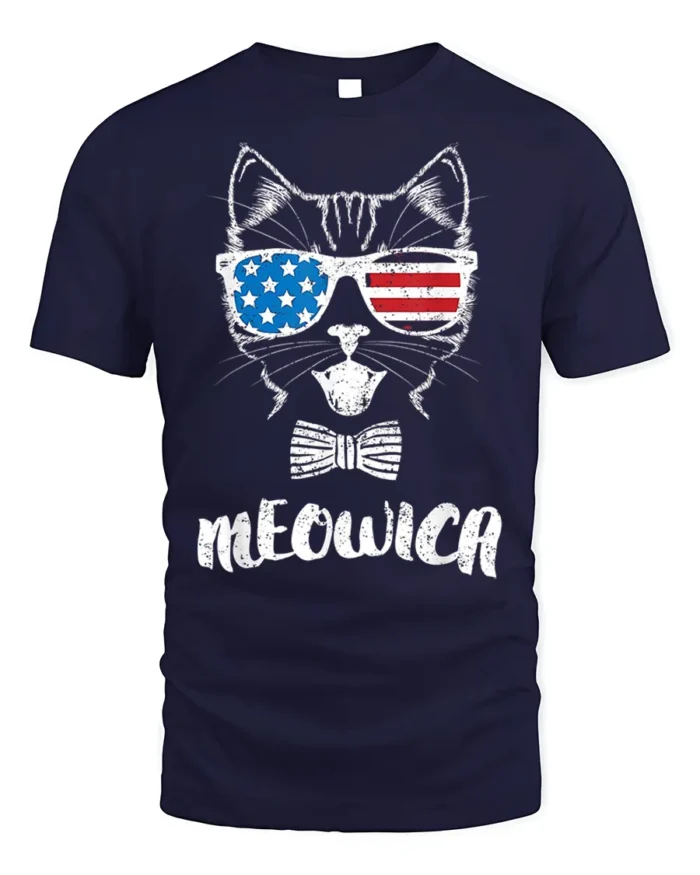 Patriotic Cat Meowica USA Flag Sunglasses T-Shirt - navy t-shirt on white background